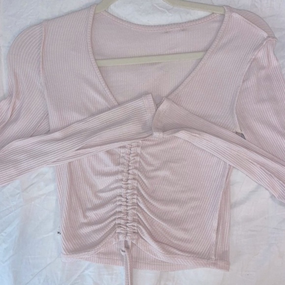 Garage pink ruched front tie cropped long sleeve top - Picture 2 of 2